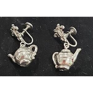 Vintage Silver Tone Tea Pot Kettle Dangle Screw Back Clip Earrings